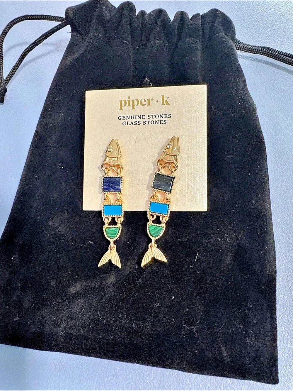 piper·k Mermaid Tail Earrings in Gold & Blue NWT